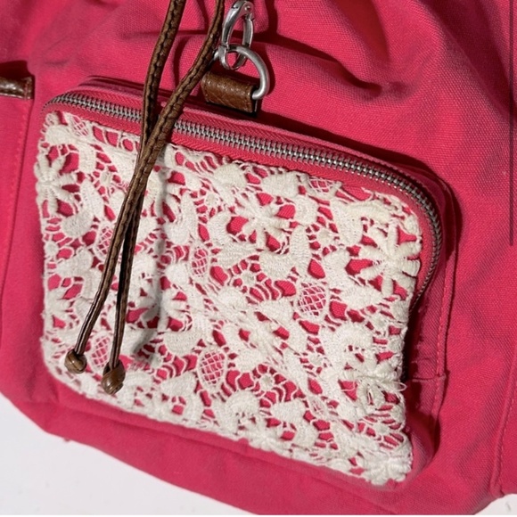 5/$25 Aeropostale Pink Canvas With Cream Crochet Backpack - Picture 2 of 15